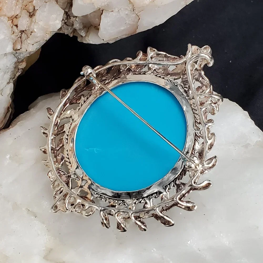 Large Cameo Pendant Brooch Sterling Silver 925 Genuine Turquoise Mother Of Pearl